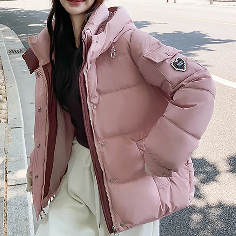 Parker Winter Warm Hooded Short Jacket Women Cotton New Solid Color Loose Thick Long Sleeved Zipper Fashion Women Cotton Jacket
