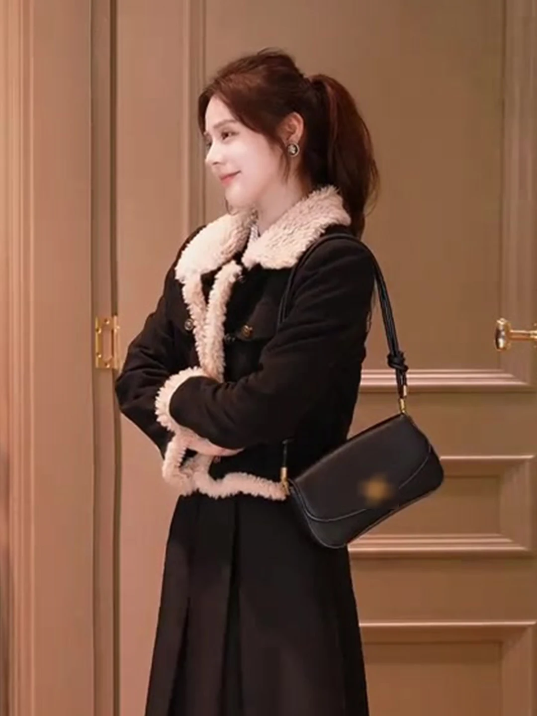 

Women's Retro Sle ort Jaet Patchwork Fluffy Collar Loose Fit Autumn Winter Outerwear Faionable Vintage Feel Coat