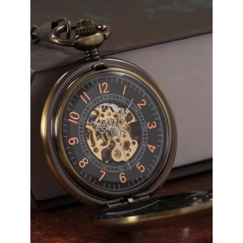 Reloj de bolsillo mecánico completamente automático con tapa retro nostálgico para hombres y mujeres, reloj con colgante