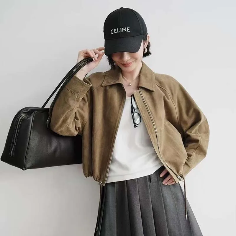 Retro หนังดอกไม้ Bud แจ็คเก็ตผู้หญิงอินเทรนด์เด็ก Suede Drawstring Silhouette สั้นเสื้อ Streetwear Chill Casaco Feminino