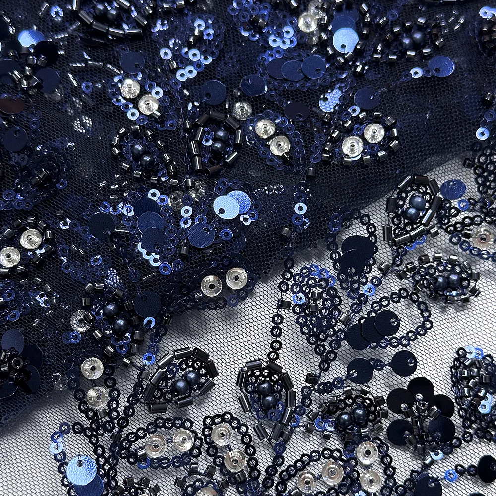 African luxury 3D lace fabric high quality sequined beaded Nigerian French beaded tulle lace embroidered stitched party dress