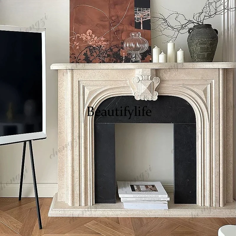 Marble fireplace French retro cream wind stone fireplace European modern simple fireplace decoration