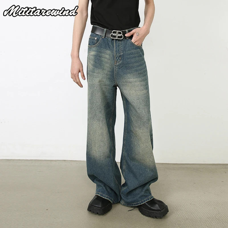 

Korean Fashion Retro Washed Jeans Men Mid-waist Casual Straight Wide Leg Pants Baggy Jeans Floor Mopping Pants Denim Trousers