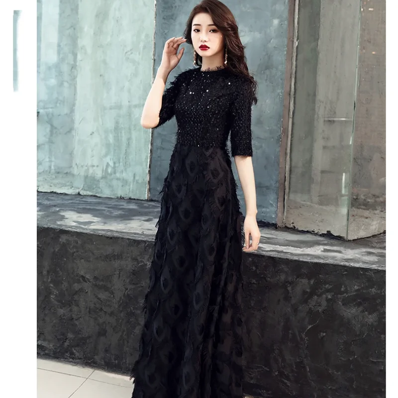 

Sweet Memory 2024 Elegant Black Half Sleeves Formal Evening Dresses Lace O-Neck Floor-Length Prom Party Dress Long