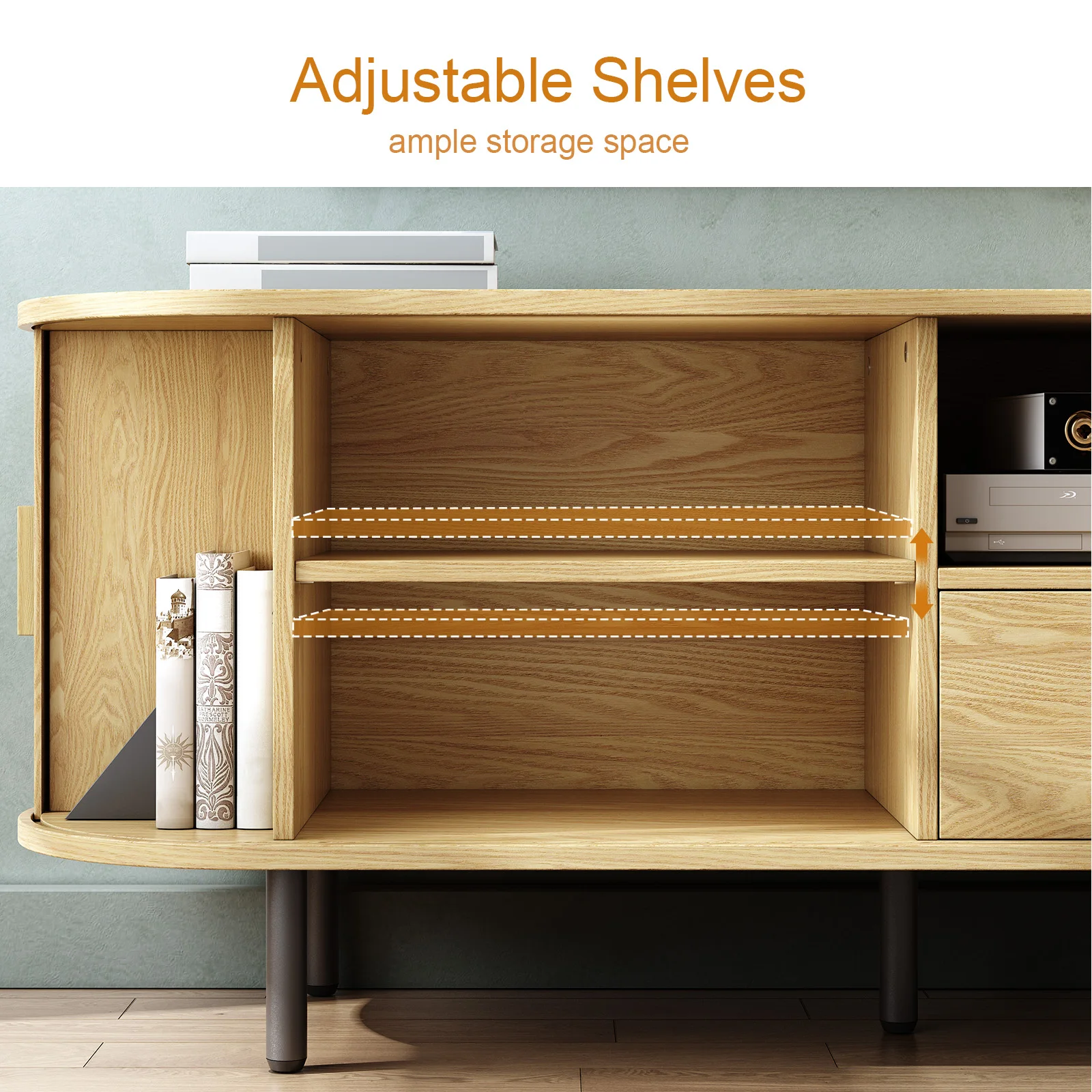 حامل تلفزيون 69 بوصة مع مخرج طاقة لأجهزة التلفاز حتى 80 بوصة، مركز ترفيه مع مساحة تخزين ودرج، وحدة تحكم تلفزيون مع أرفف قابلة للتعديل