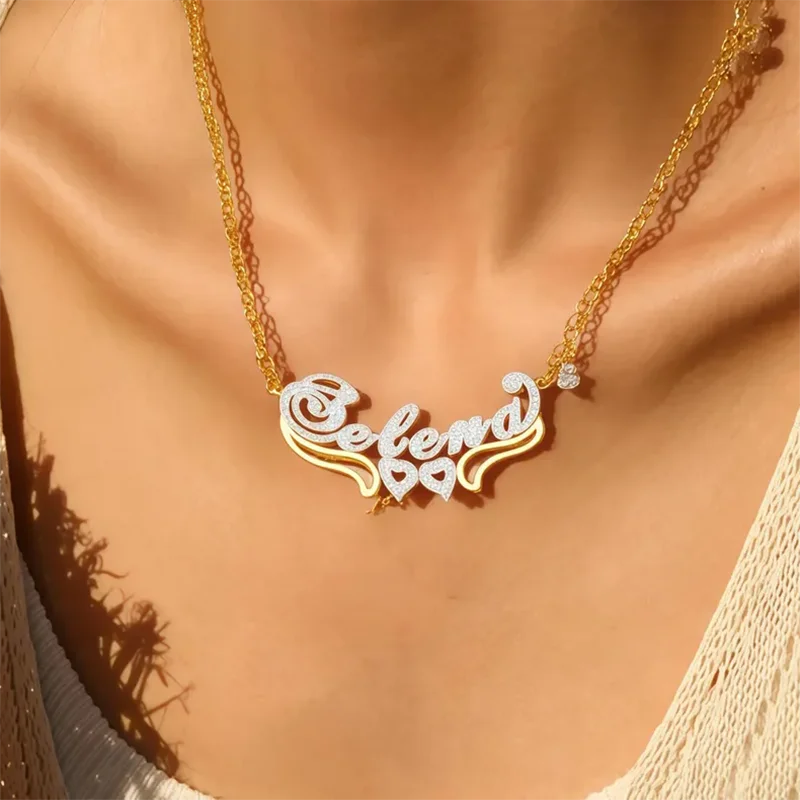 

DHQH Personalized Name Double-layer Heart-shaped Nameplate Necklace Customized Name 3D Nameplate Pendant Necklace Jewelry Gift