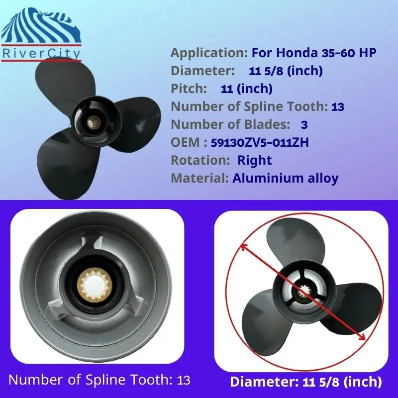 For Honda 40hp 45hp 50hp 35hp-60hp  Outboard Propeller 11 5/8*11 Boat Motor Aluminum Screw Ship Marine Engine 3 Blade 13 Spline