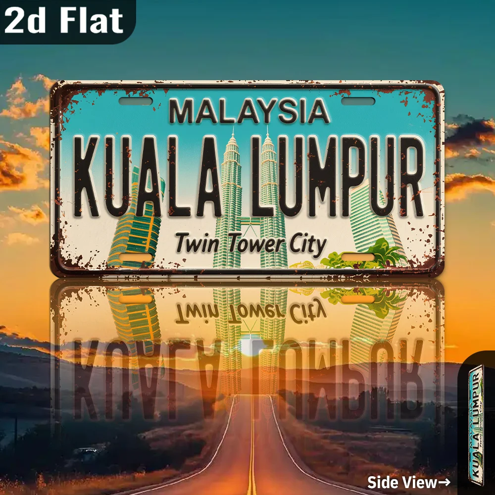 2D Flat, 1pc Vintage Malaysia Kuala Lumpur Twin Towers Metal License Plate - Petronas Tower Replica Sign, Retro Malaysian Licens