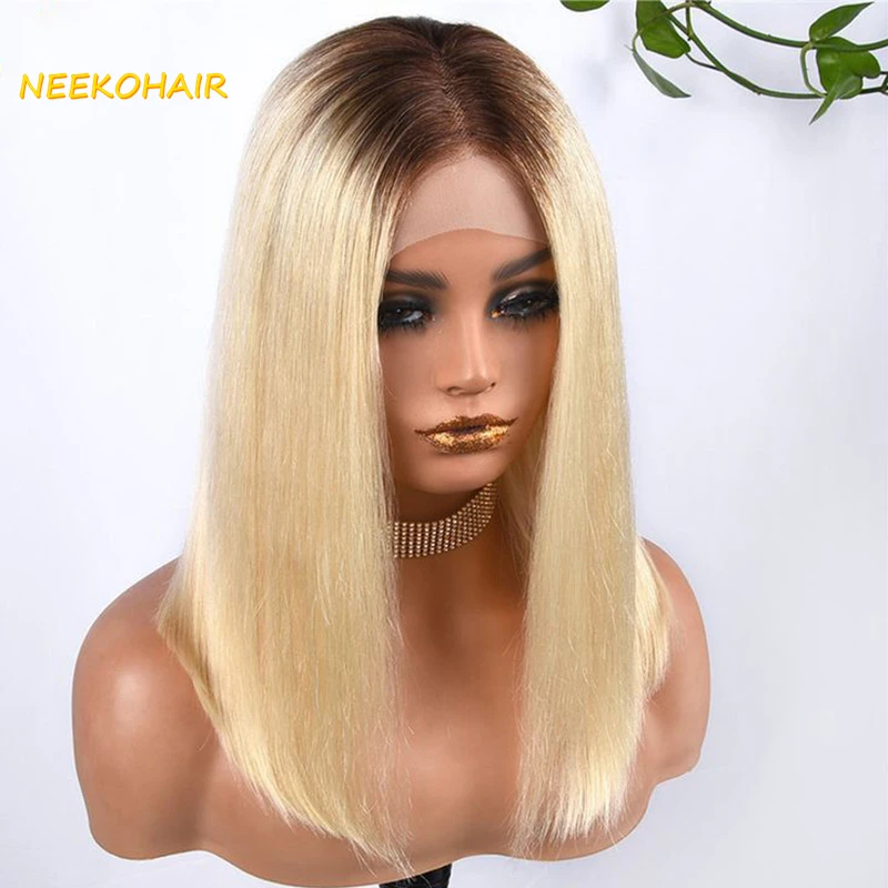 Perruque Bob Lace Front Wig Naturelle, Cheveux Courts, Blond Miel Ombré, 13x4, T4/613, Densité 150%, pour Femme