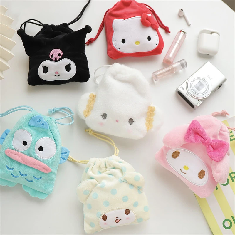 Original Sanrio Hello Kitty Kuromi Melody Cogimyun Plüsch-Beutel mit Kordelzug, Kawaii-Geldbörse, Aufbewahrung für kleine Gegenstände, Geburtstagsgeschenk für Mädchen