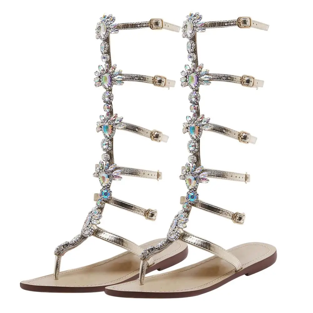 

for Women Flat Sole Casual Summer Rhinestone Golden Jeweled Adjustable Buckle Comfortable Beach Party Daily Use