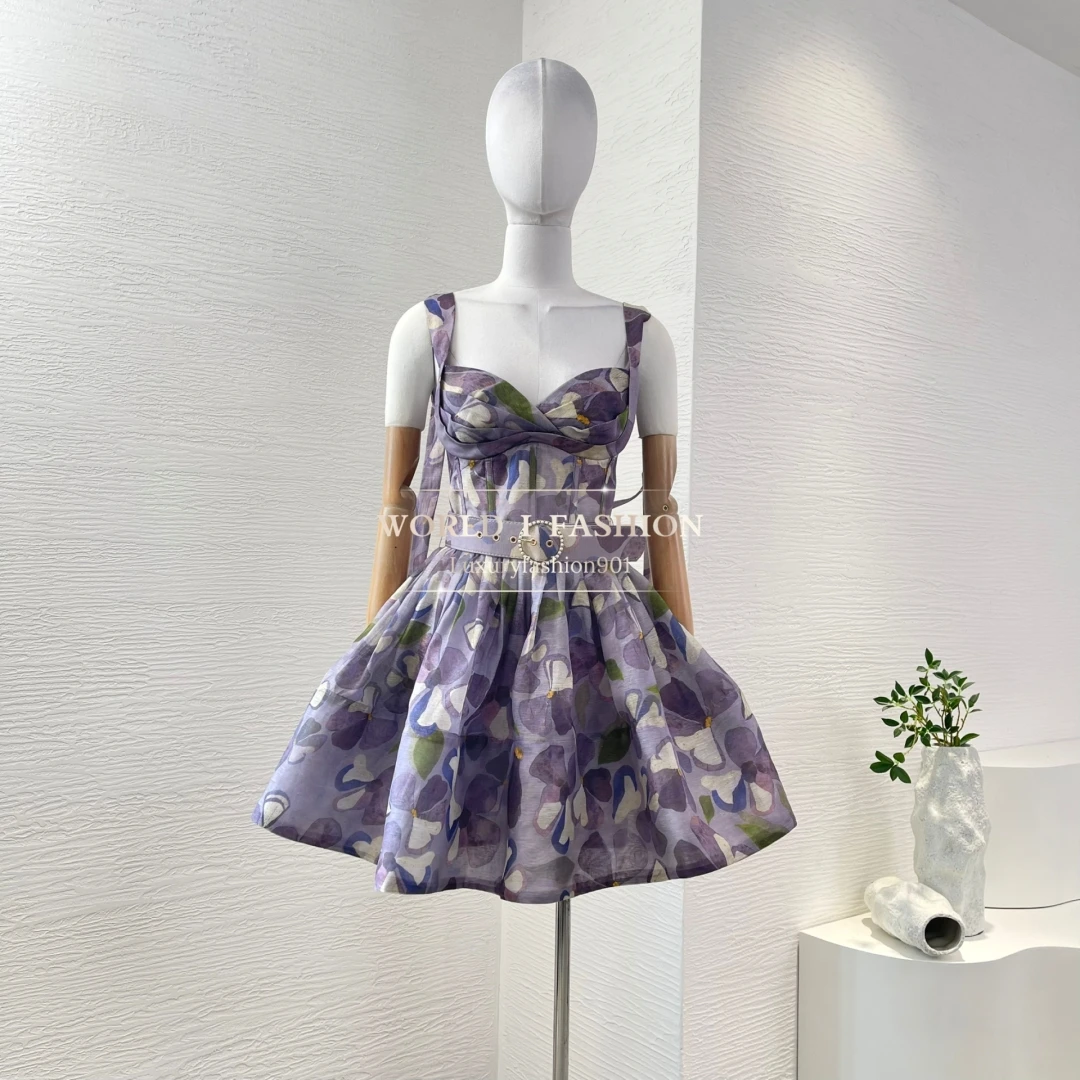 

Beach Style Women 2025 New High Quality Purple Strapless Belted A-line Floral Print Holiday Linen Silk Mini Dress