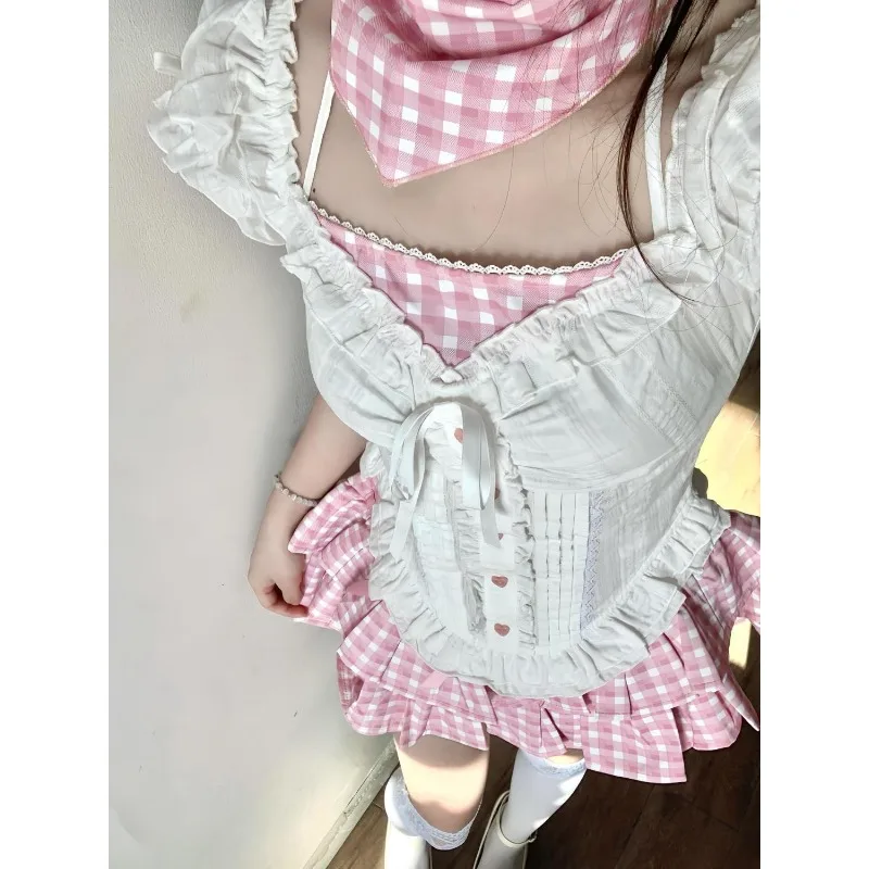 Japanische süße Adrette 2-teiliges Set Frauen Kawaii Spitze Patchwork Schleife Tops + Y2k Plaid Minirock elegante Mode Outfits neu