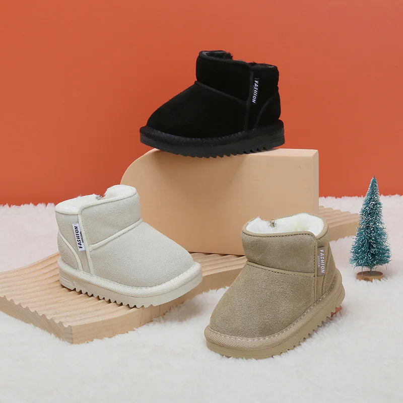 2023 New Winter Baby Snow Boots Leather Warm Plush Infant Shoes Zip Side Soft Sole Fashion Toddler Boys Girls Boots 15-25