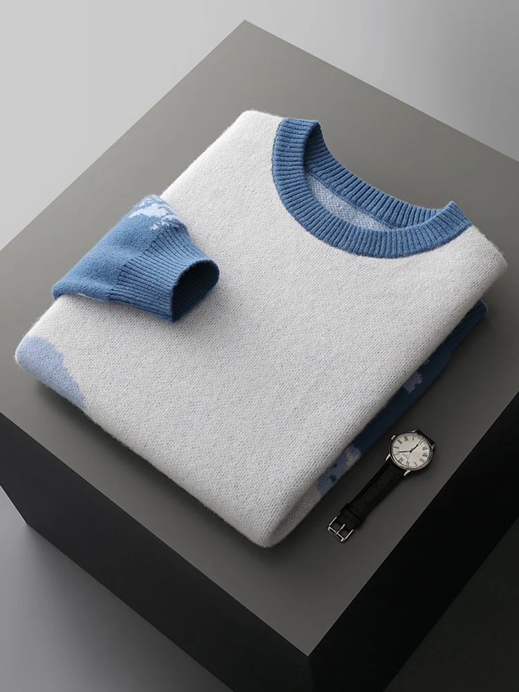 

New Chic Fashion Menswear 100% Merino Wool Knitted Sweater High Quality Autumn Winter O-Neck Pullover Men's Thick Casual Tops