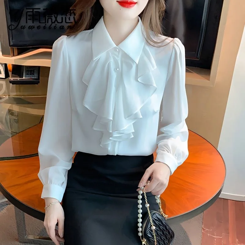 High Quality Spring Chiffon Blouse Women's Fashionable White Lace-Up Top Stylish New 2025 Year Spring Season Ladies Clothing