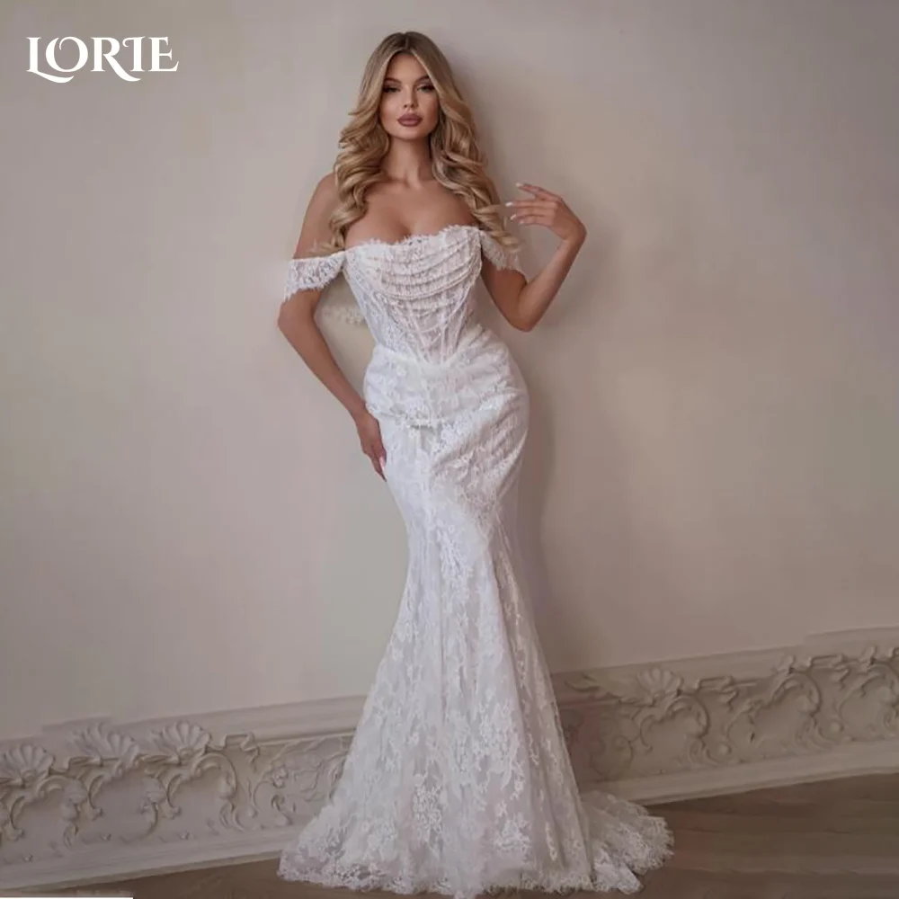 

LORIE Appliques Mermaid Wedding Dress Shiny Off Shoulder Lace Bridal Gown Customized A-Line Floor Lenth Bride Dress Saudi Dress