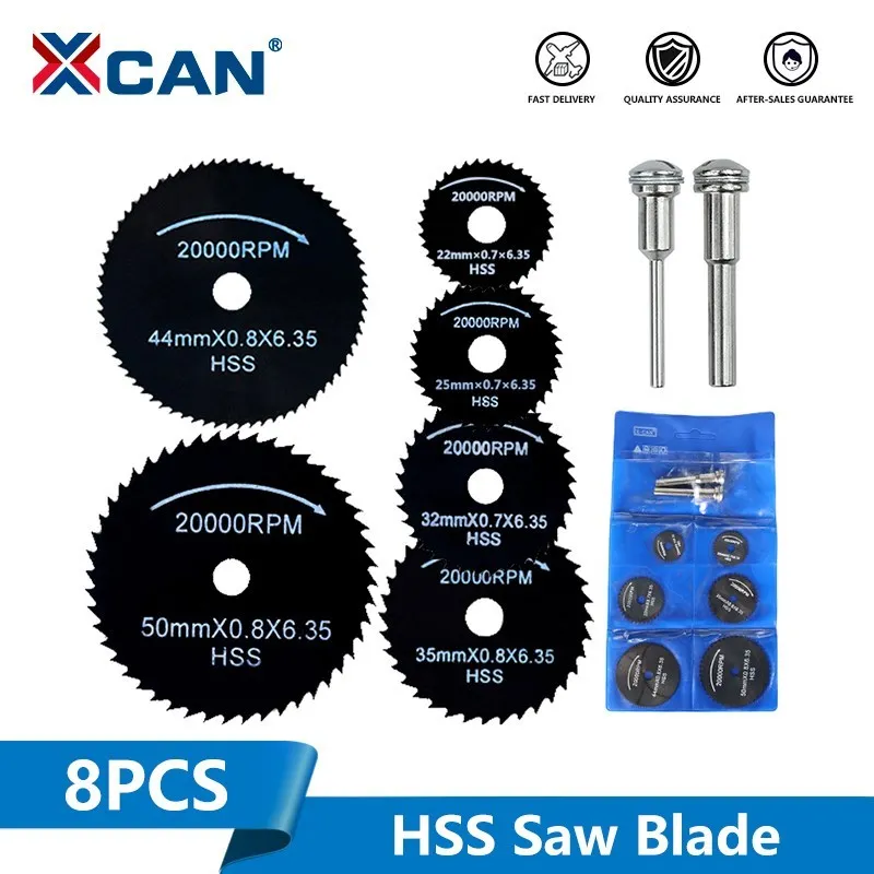 XCAN Mini Cutting Disc Kit 8pcs HSS Saw Blade With 3.175/6mm Mandrel Rotary Tool Disc for Wood Plastic And Aluminum