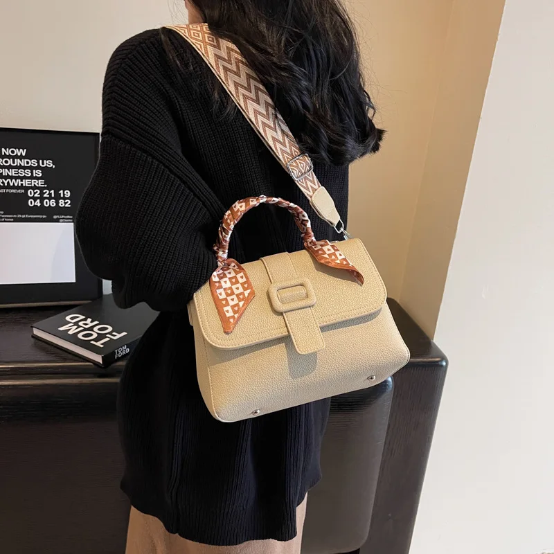 New Fashion Luxury Brand Leather Crossbody Shoulder Handbags For Womens Advanced Retro Wide Shoulder Strap Casual Small Tote