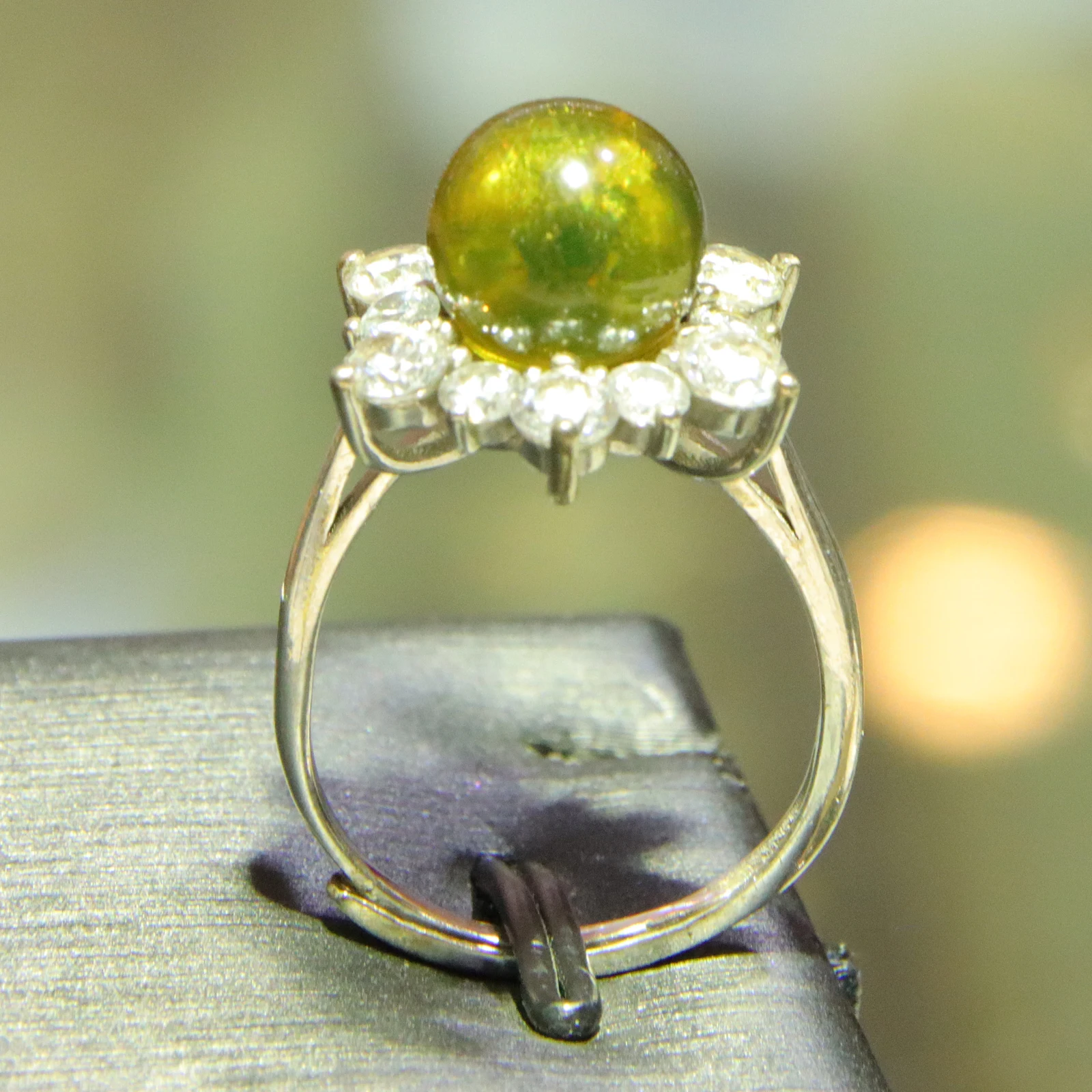 

9mm Natural Blue Amber Ring Sterling Silver, Floral Cluster Simulated Diamond Ring for Women, Elegant Everyday Luxury Ring