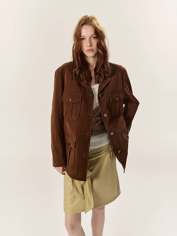 Tee Goood PU Leather Suit Jaet with Matte Fini And 3D kets Women's Casual Sle Double Button Coat for Winter