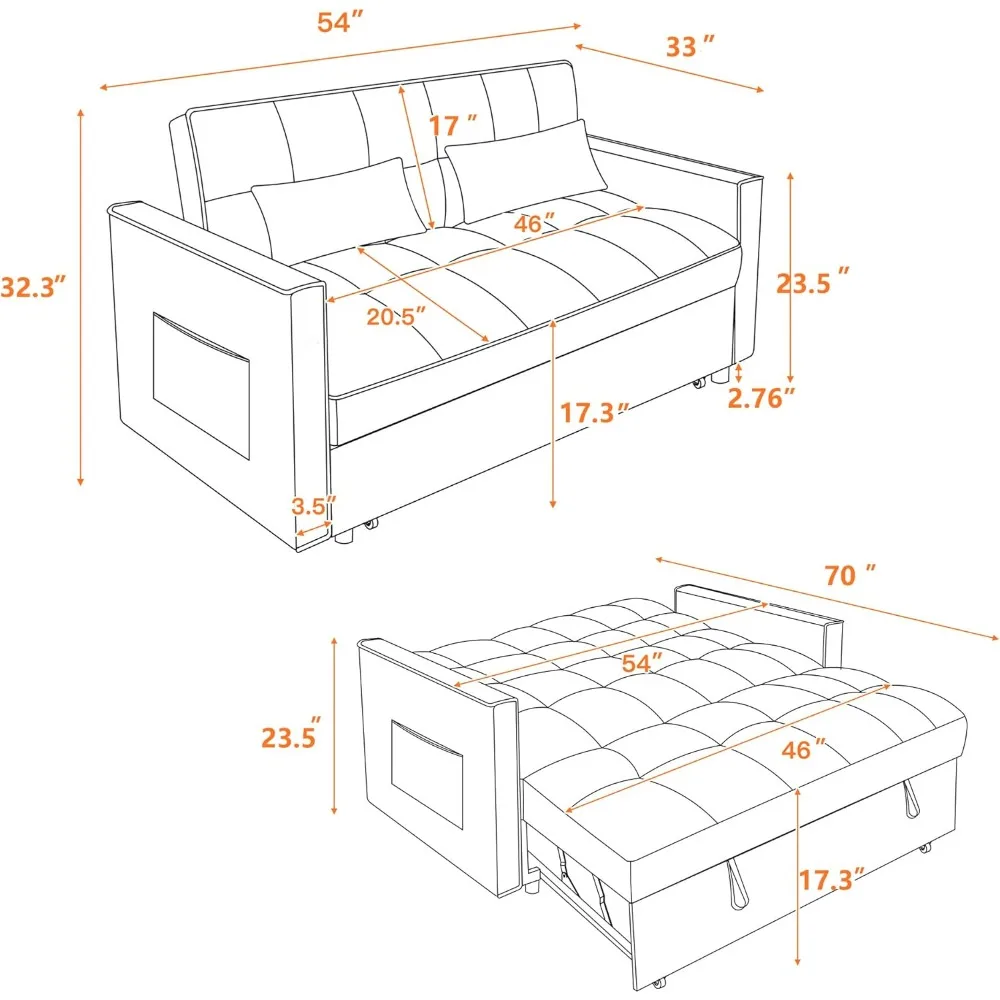 أريكة فوتون مخملية قابلة للتحويل، 54 أريكة نائمة مع سرير قابل للسحب لمساحات المعيشة #2
