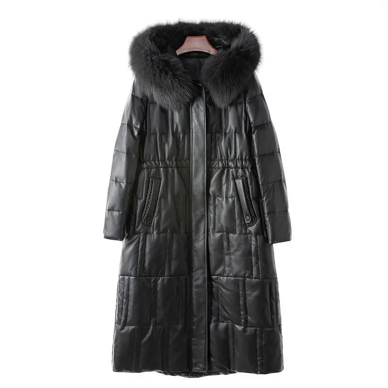 100% sheepskin fur collar hooded goose down jacket 2024 women's genuine leather jacket