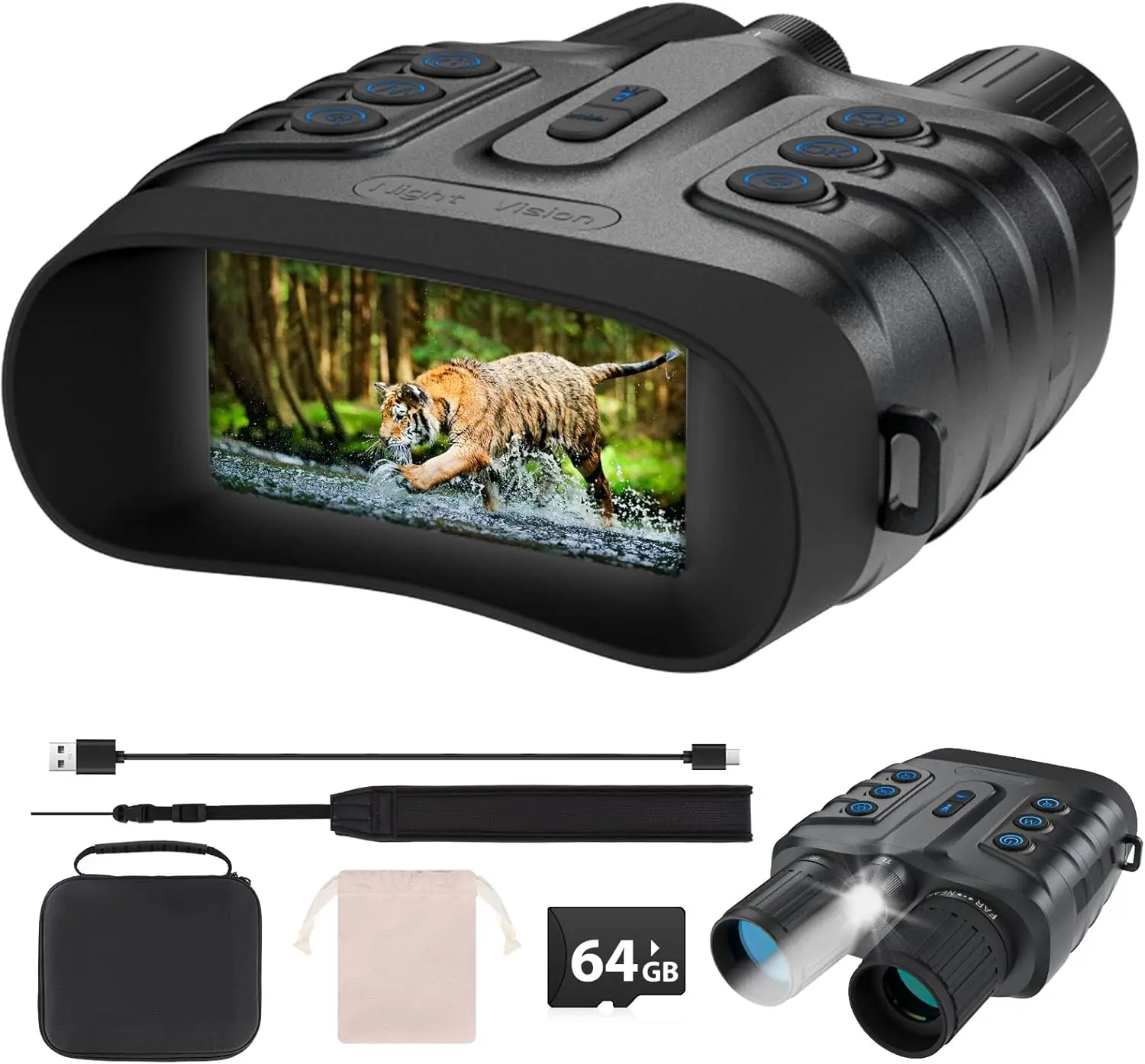 

4K Full-Color Night Vision Binoculars with 3" HD Screen, 10000mAh Battery, 1968FT Range, 64GB Card, Ideal for Camping & Hiking