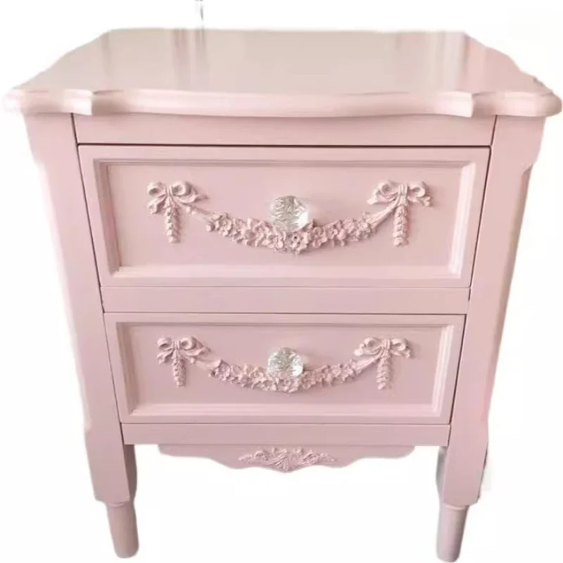 French engraved pink princess style solid wood bedside table chest European girl heart bedroom storage cabinet bedside table