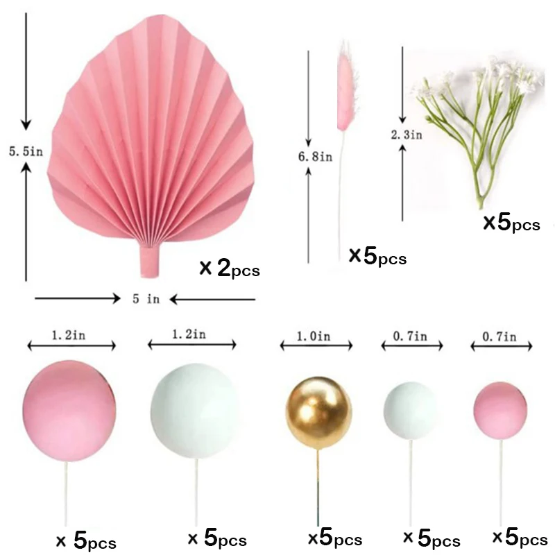 Suit Gold Palm Leaf Paper Fan Happy Birthday Cake Topper Metal Ball Flower Baby Shower Party Cupcake Decor Wedding Cake Toppers