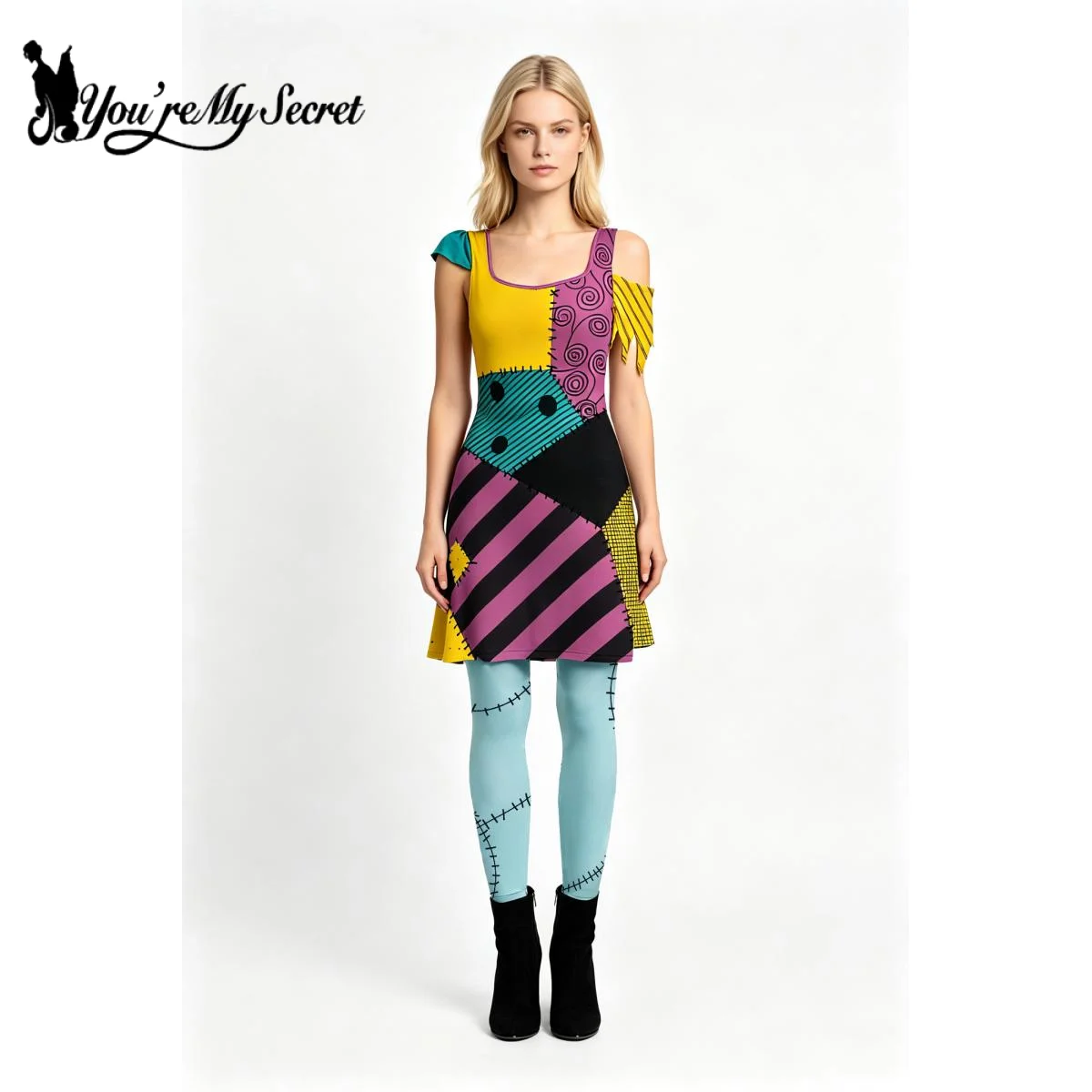 [You're My Secret] Vestido de Halloween de Sally con Leggings para Mujer, Estampado Patchwork, Disfraz de Cosplay, Vestidos de Fiesta, Traje del Día de los Muertos