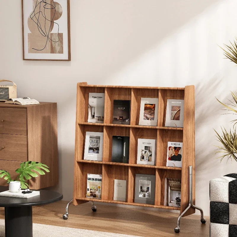 Solid wood magazine rack, movable display rack, newspaper, living room book reading, simple multi-layer floor newspape