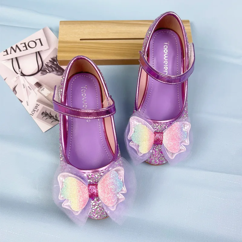 

Детские блестящие туфли принцессы, кожаные туфли для девочек, милые детские модные вечерние туфли на высоком каблуке с бантом для повседневного и особых случаев