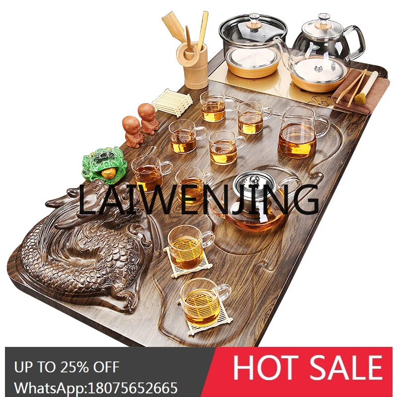 

RWJ Kung Fu Tea Set Suit Glass Bottom Water Integrated Solid Wood Tea Tray Living Room Tea Table
