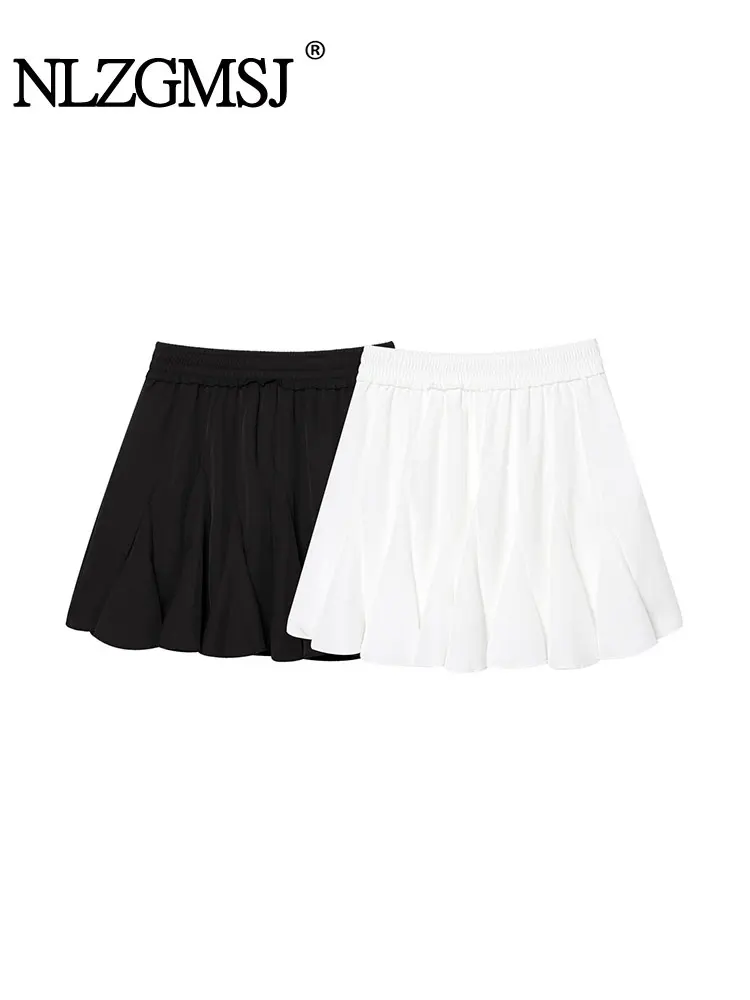

2025 Summer Splicing Women's Skirt Solid Folds Mini Short Skirt Fashion Holiday Female Short Draped Skirt