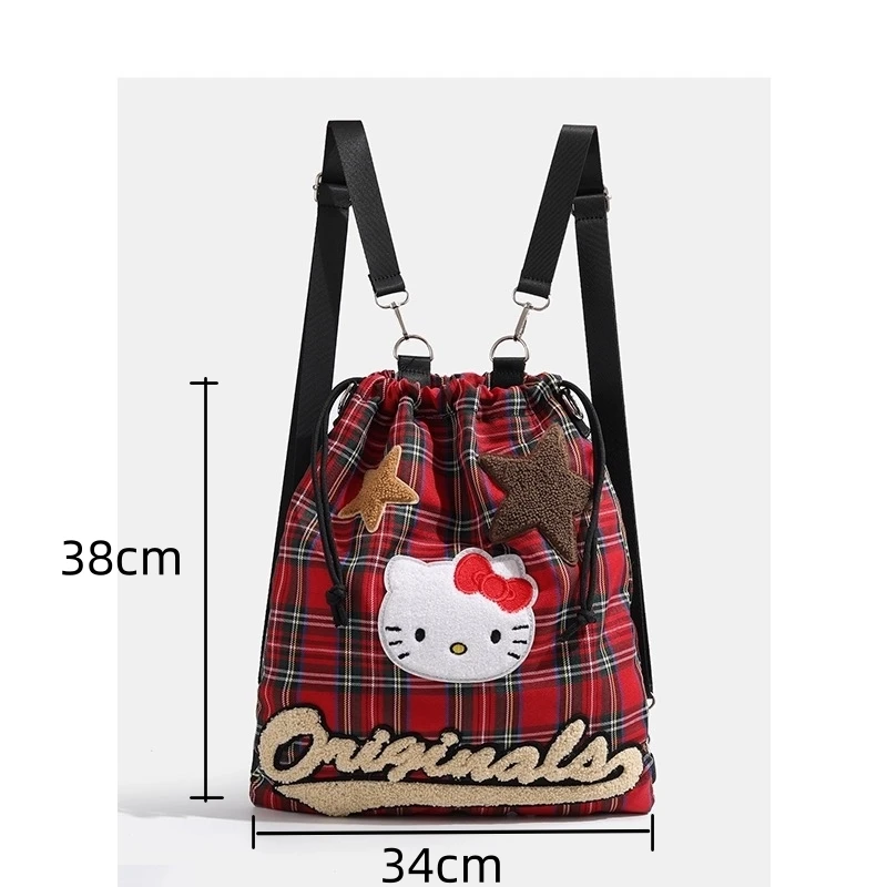 Sanrio Hello Kitty zaino rosso carino Y2k Kawaii Star Plaid borsa a tracolla con coulisse borsa a tracolla Casual ad alta capacità per le donne