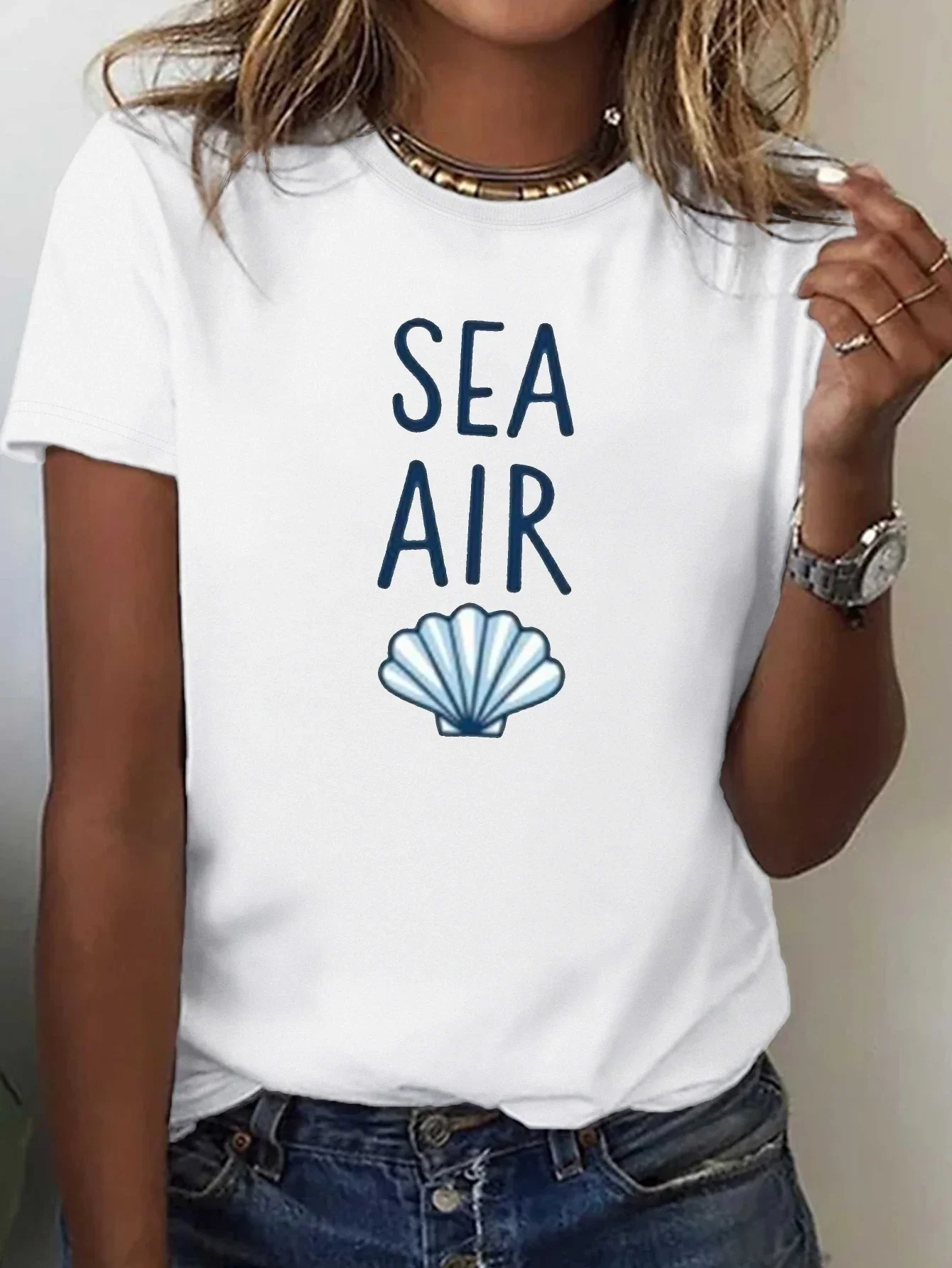 

2025 new sea Casual Sleeve Round Neck Top with Summer Vibrations Sea Air Sun Women with Graphic Casual Trendy Clothing Vintage