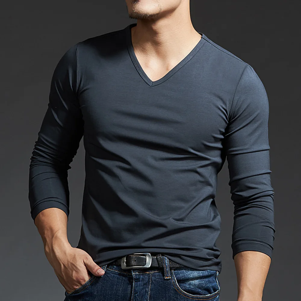 Mens Casual V Neck Long Sleeve T Shirt Slim Fit Base Layer Dark Gray Pullover Tops Breathable Stretchy Undershirt