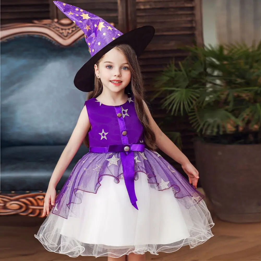 

Sleeveless Princess Dress Multi-Layer Mesh Baby Girls Dress Ruffle Tulle Star Hat Children Girls Halloween Cosplay Witch Costume