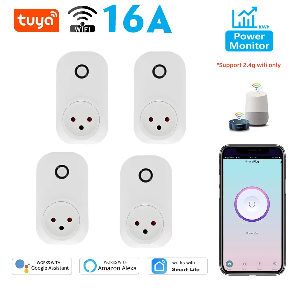 Tuya Smart Socket IsraeL Plug 16A Power Monitor Wifi Light Switch Smart Life Remote Control Outlet For Alexa, Google Assistant