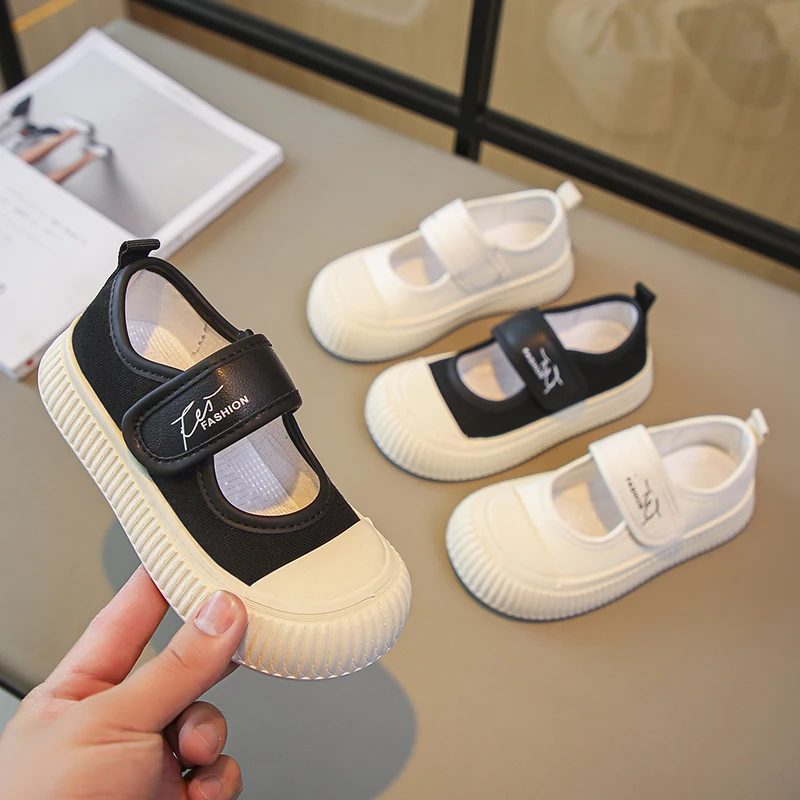 Classic Kids Canvas Shoes Simple Girls Platform Mary Jane Shoes School Patchwork Non-slip Children's Fashion Casual Flat Shoes