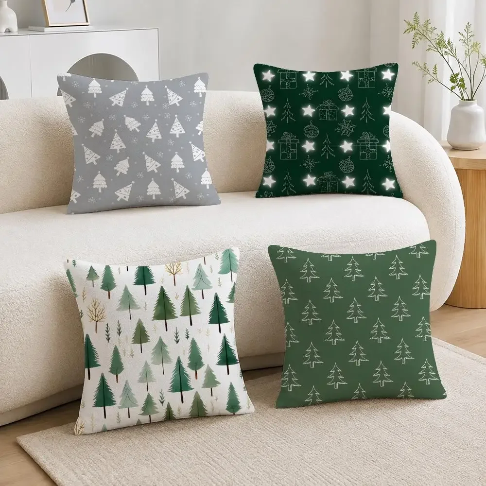 Christmas Low Saturation Gray Green Small Tree Cushion Cover Short Plush Pillowcase, Sofa Bedroom Home Decor & Holiday Gift