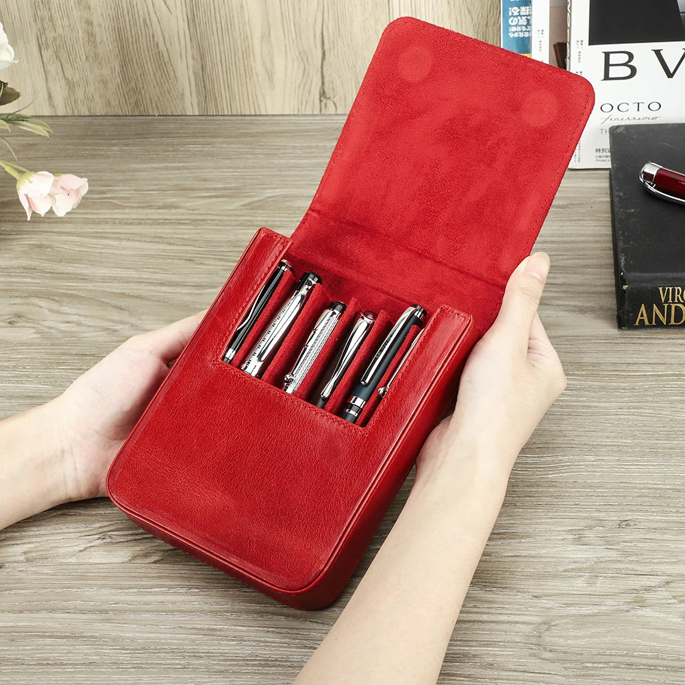 Handmade Genuine Leather Fountain Pen Case Cowhide 6 slots Pens Holder Pouch Sleeve Pencil Bag Office Accessories School Supples