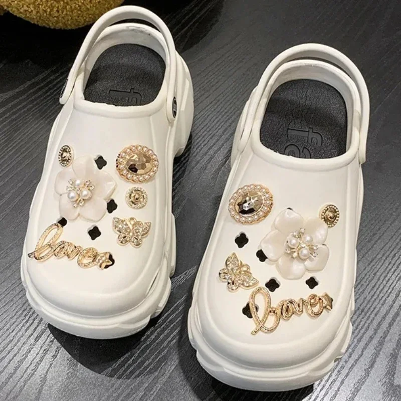 Bling Pearls Diamond Cute Bear Decor Vented Clogs Slides 7CM Platfrom Outdoor Beach Sandals Summer Girls Slippers Women Shoes