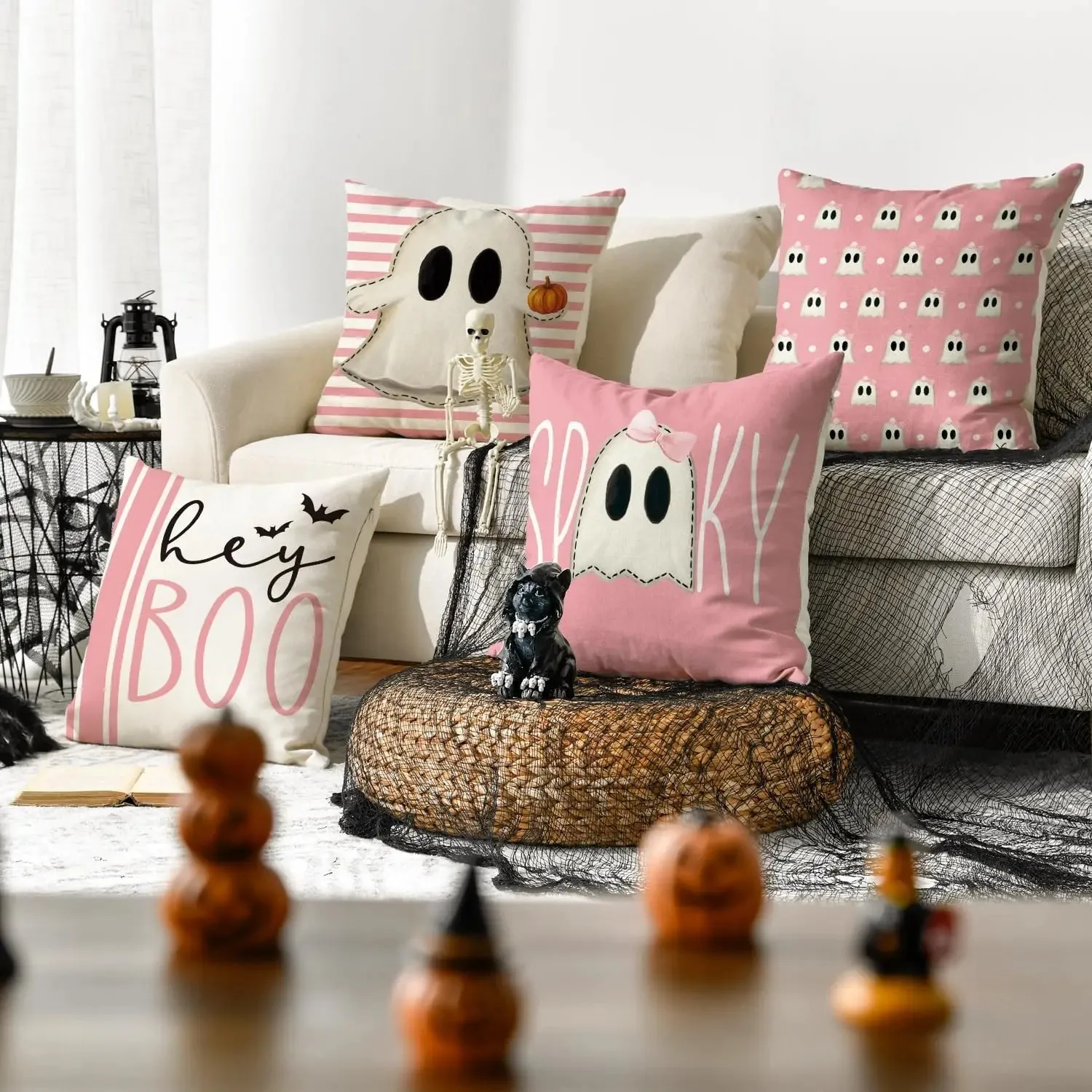 Halloween Hey Boo Cute Ghost Spooky Pink Throw Pillow Covers, Horror Scary Cushion Case for Sofa Couch Set of 4