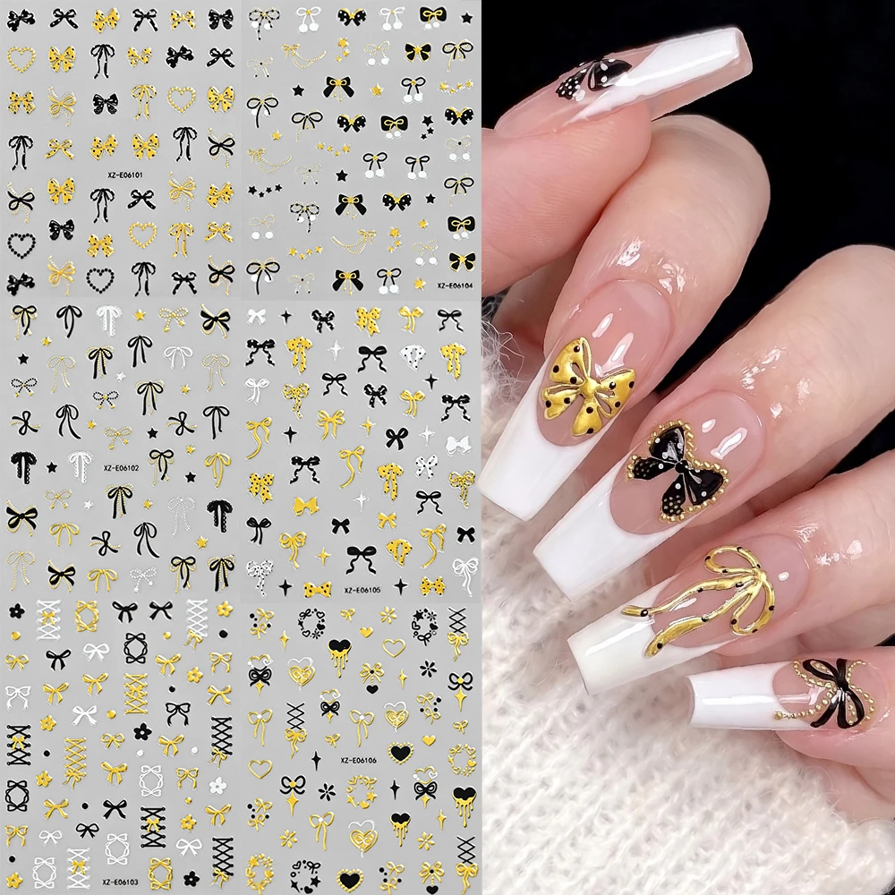 6Pcs Bronzing Gold Polka Dots Bow Nail Sticker 3D Black White Ballet Ribbon Bowtie Self-adhesive Nail Decals DIY Cute Nail Decor