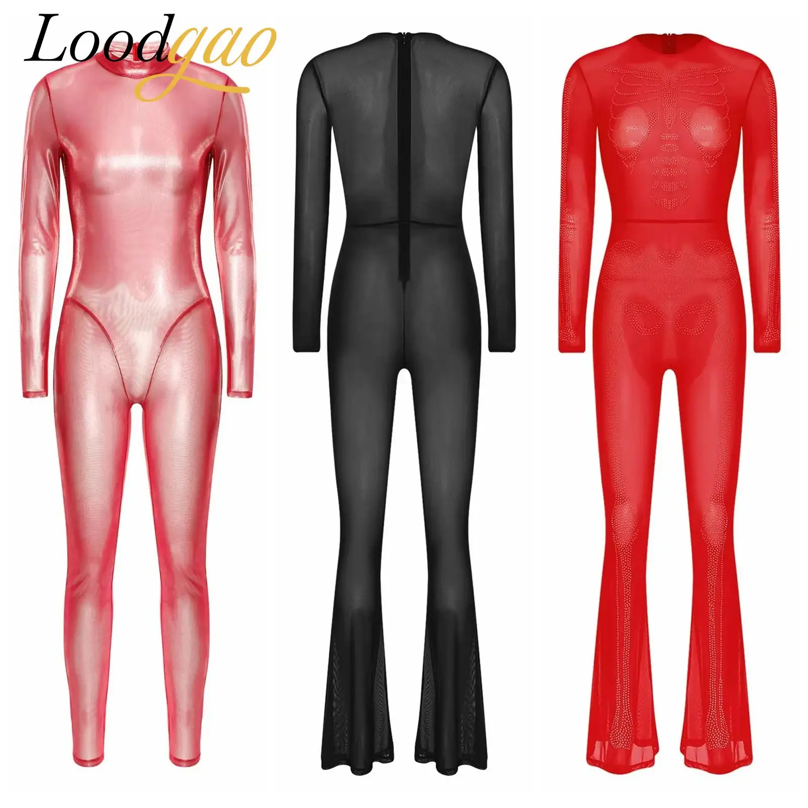 

Women Metallic Shiny Full Body Unitards Zipper Catsuit Clubwear Rave Party Nightclub Costume Skeleton Jumpsuit Halloween Costume