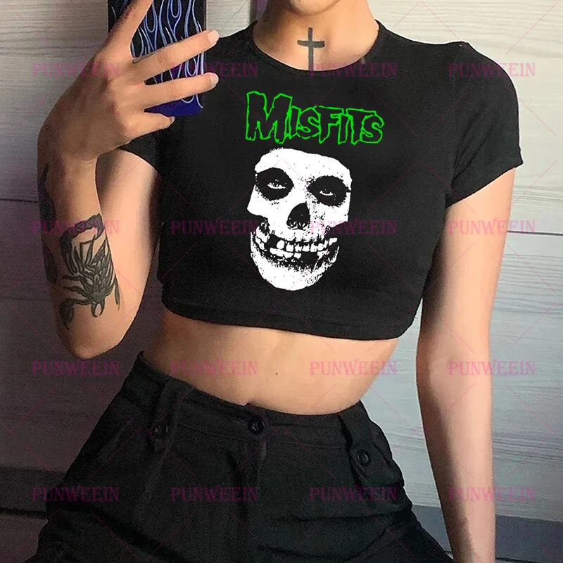 Skull Misfits cyber Dark Gothic y2k 2000s crop top girl trashy 90s Harajuku casual Vintage Emo Girls Baby Tee Streetwear T-Shirt
