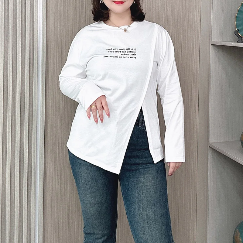 Spring/Autumn Long Sleeve T-Shirt Women Size XL Loose Tees Casual Round Neck Split Tops 895