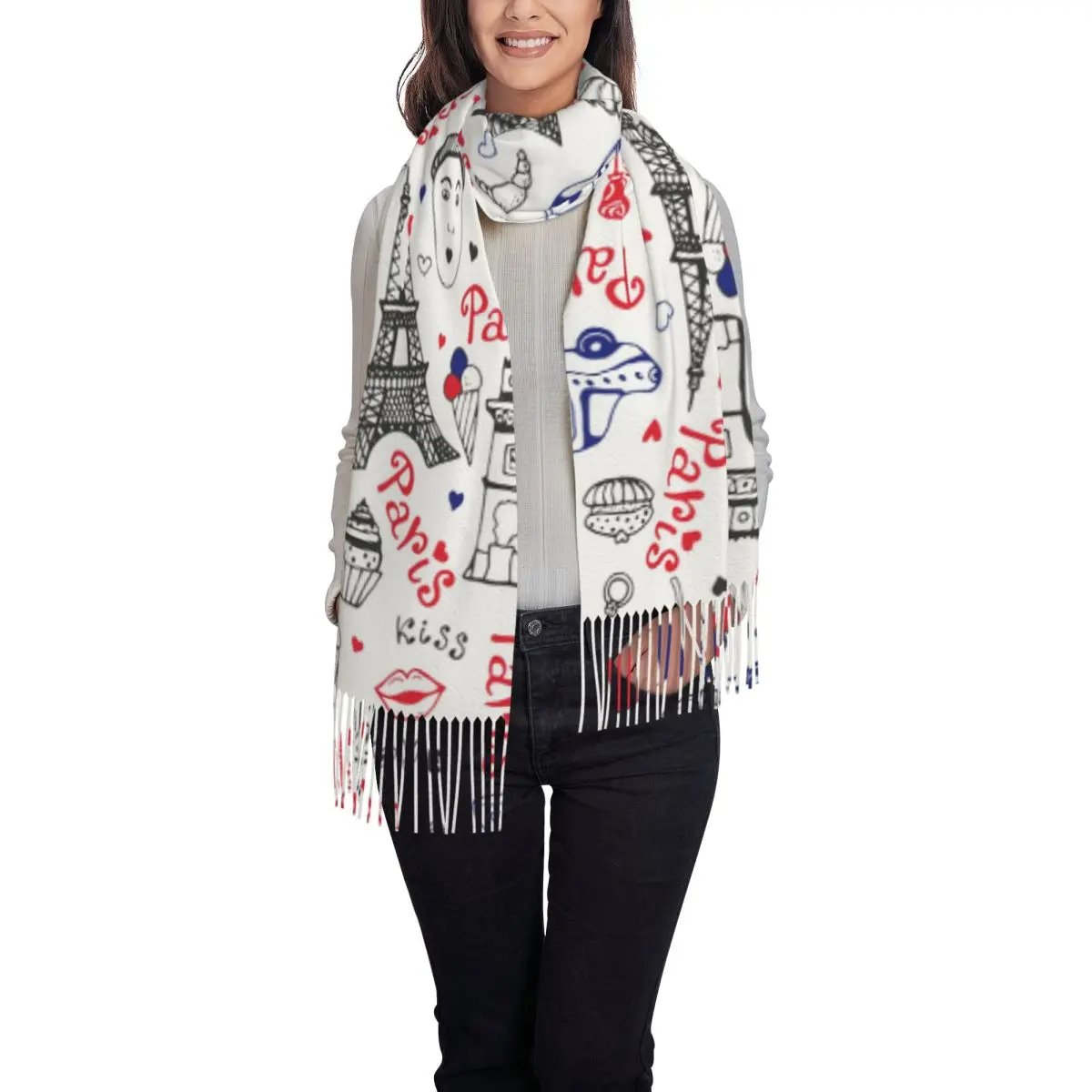 فرنسا باريس برج ايفل اللوحة الهزلية المناظر الطبيعية الخلابة منطقة وشاح شرابة الأوشحة شالات دافئة ويلتف كبير الخريف الشتاء شال التفاف